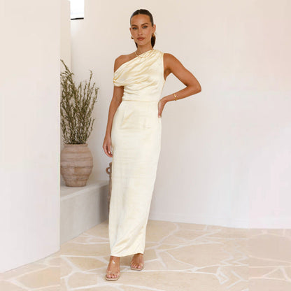 Women’s Midi Dress – One-Shoulder – Draped Bodice – Satin Feel – Bodycon Fit