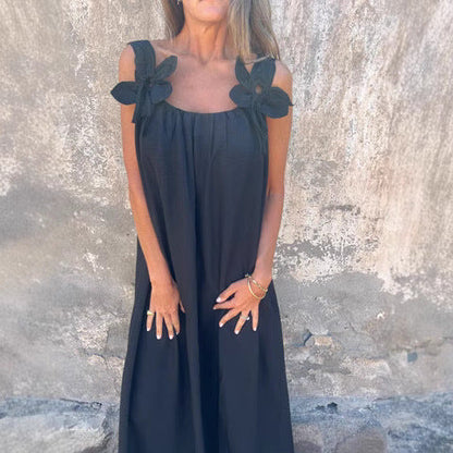 Women’s Maxi Dress – Relaxed Fit – Flowing Silhouette – Floral Shoulder Detail – Soft Fabric