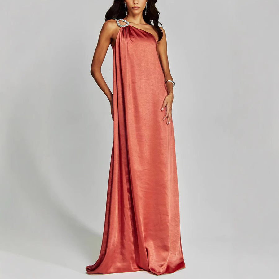 Women’s Evening Dress – Satin One Shoulder – Loose Fit – Embellished Ring – Full Length