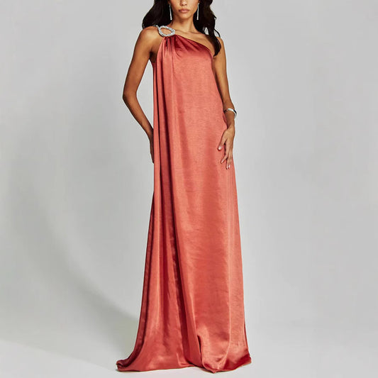 Women’s Evening Dress – Satin One Shoulder – Loose Fit – Embellished Ring – Full Length