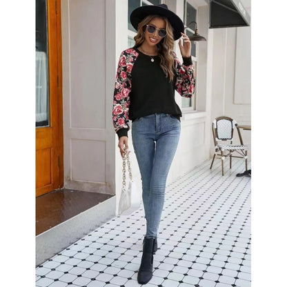 Women’s Sweatshirt – Relaxed Fit – Floral Raglan Sleeves – Soft Knit Casual Style