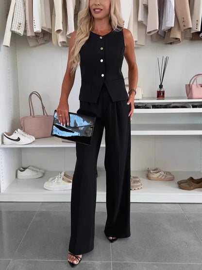 Women’s Blazer and Trousers Set – Tailored Fit – Sleeveless Blazer – Wide-Leg High Waist