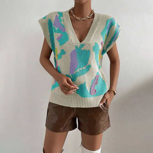 Women’s Knitted Vest – V-Neck – Loose Fit – Jacquard Pattern – Ribbed Hem