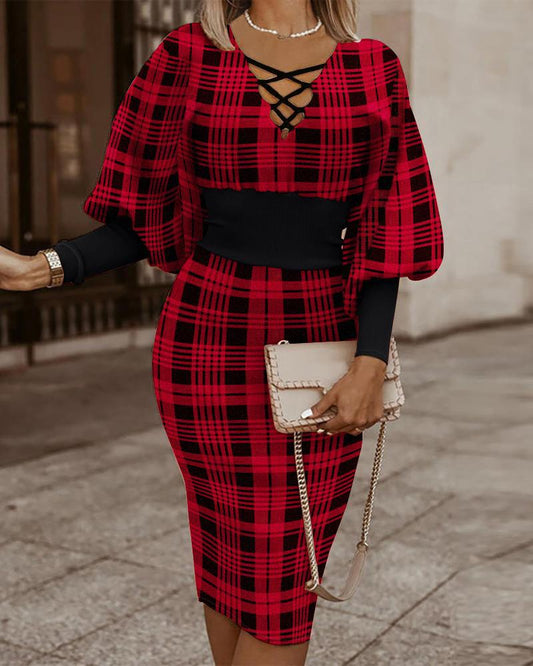 Women’s Bodycon Dress – Crisscross V-Neck – Long Sleeve – Plaid Midi – Waist Cinching
