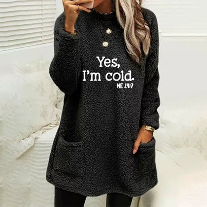 Women’s Oversized Sweatshirt – Double-Sided Fleece – Letter Print – Side Pockets – Long Sleeve