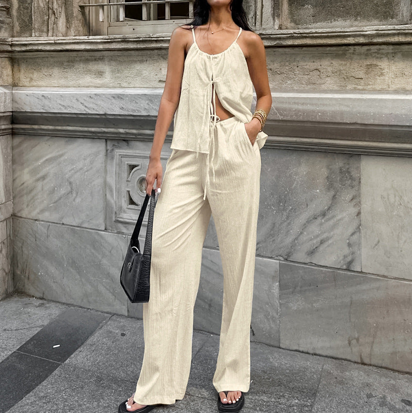 Women’s Two-Piece Set – Linen Blend – Tie-Front Crop Top – Wide-Leg High-Waist Trousers