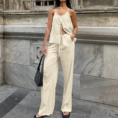 Women’s Two-Piece Set – Linen Blend – Tie-Front Crop Top – Wide-Leg High-Waist Trousers