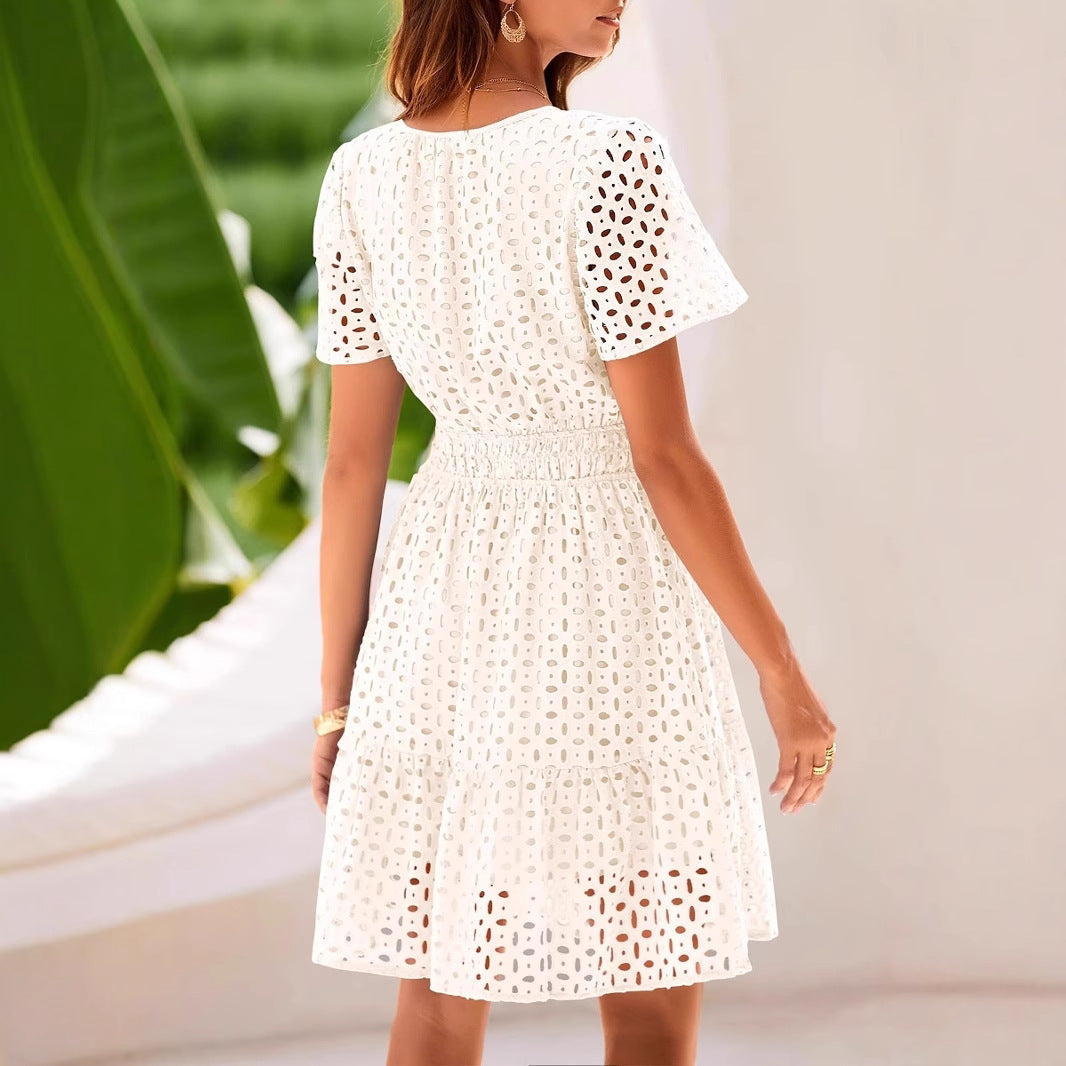 Women’s A-Line Dress – V-Neck – Eyelet Detail – Short Sleeve – Breathable Cotton Blend