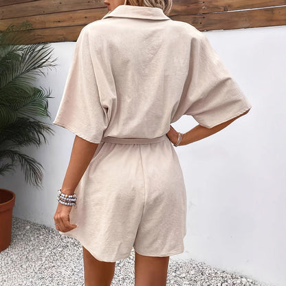 Women’s Romper – Lightweight Cotton Blend – Belted Waist – Button-Up – Short Sleeve