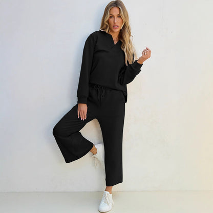 Women’s Lounge Set – Knit Two-Piece – Relaxed Fit – V-Neck Top – Drawstring Waist
