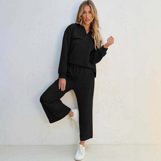 Women’s Lounge Set – Knit Two-Piece – Relaxed Fit – V-Neck Top – Drawstring Waist