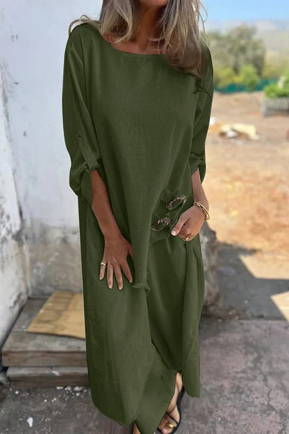 Women’s Two-Piece Set – Oversized Fit – Soft Cotton Feel – Side Button Detail – Full Length