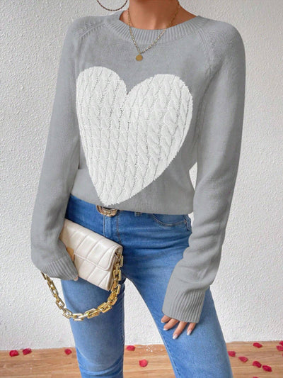 Women’s Pullover Sweater – Knitted – Relaxed Fit – Heart Motif – Crew Neck Casual Wear