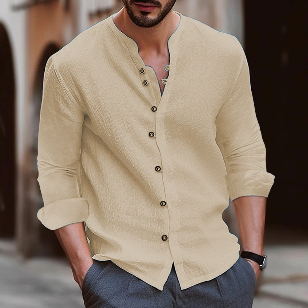 Men’s Long Sleeve Shirt – Cotton Linen Blend – Relaxed Fit – Band Collar – Button Up