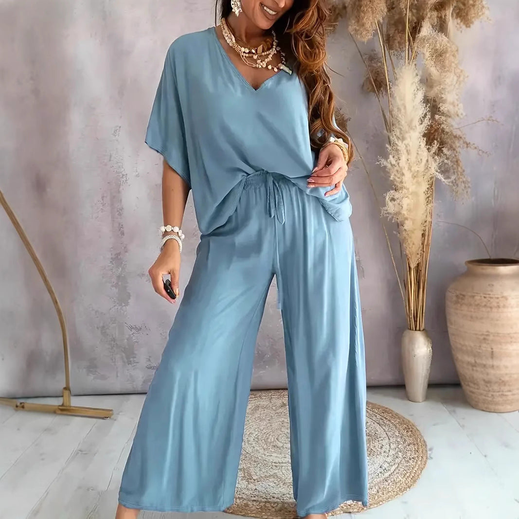 Women’s V-neck Top and Wide-Leg Trousers Set – Relaxed Fit – Soft Breathable Blend