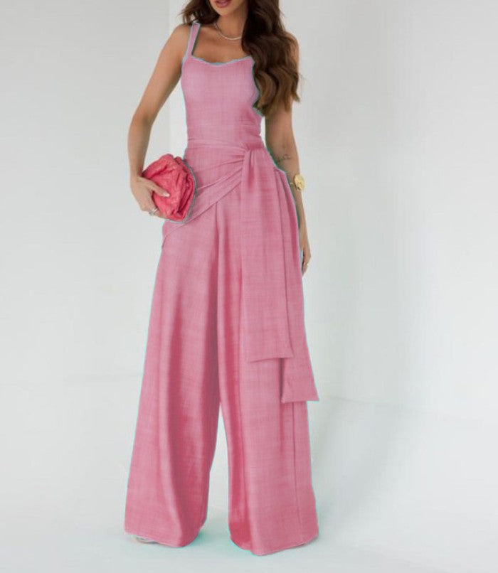 Women’s Jumpsuit – Wide Leg – Sleeveless – Adjustable Waist – Linen Blend – Full Length