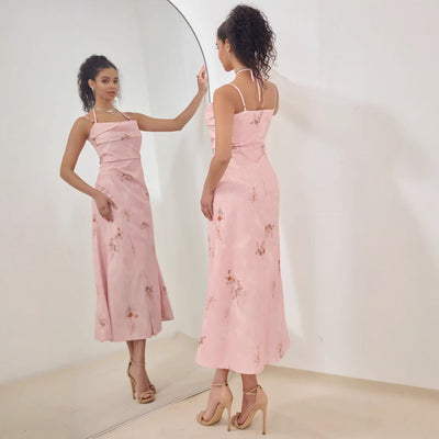 Women’s Midi Dress – Satin Feel – A-Line Fit – Strappy Draped Floral Formal Wear