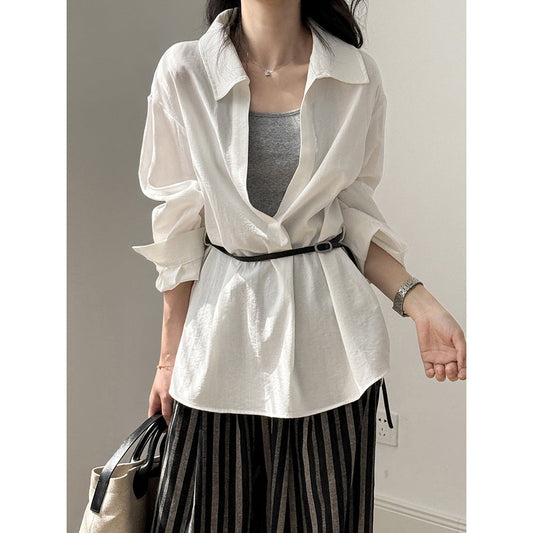 Women’s Blouse – Lightweight Cotton Blend – Relaxed Fit – Long Sleeve – Belted Waist