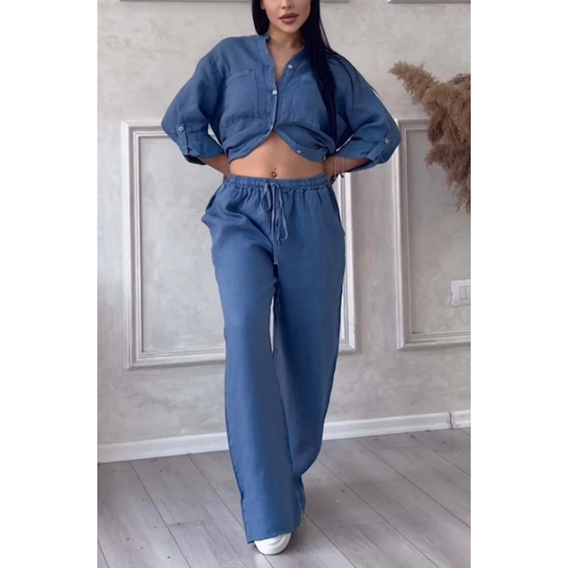 Women’s Shirt and Trousers Set – Linen Blend – Relaxed Fit – Wide Leg – Button Down Top