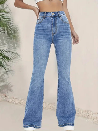 Women’s Flared Denim Trousers – High Waist – Stretch Fit – Full Length Retro Style