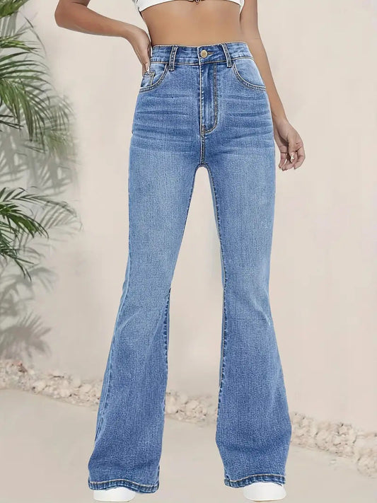 Women’s Flared Denim Trousers – High Waist – Stretch Fit – Full Length Retro Style