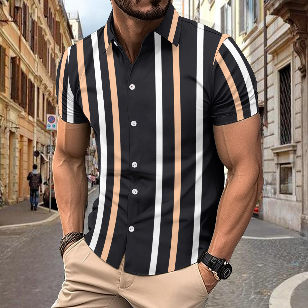 Men’s Short Sleeve Shirt – Slim Fit – Cotton – Vertical Stripe – Button Up Casual