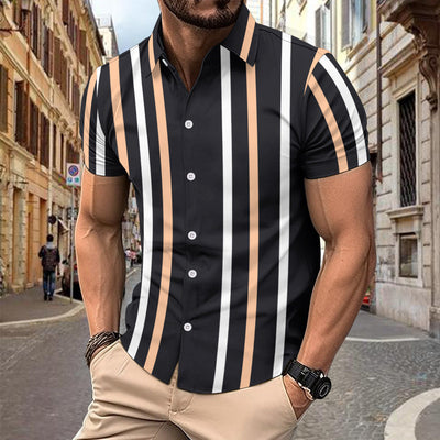 Men’s Short Sleeve Shirt – Slim Fit – Cotton – Vertical Stripe – Button Up Casual