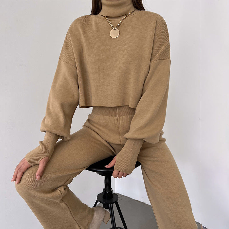 Women’s Lounge Set – Soft Knit – High Neck Top – Wide Leg – Relaxed Fit