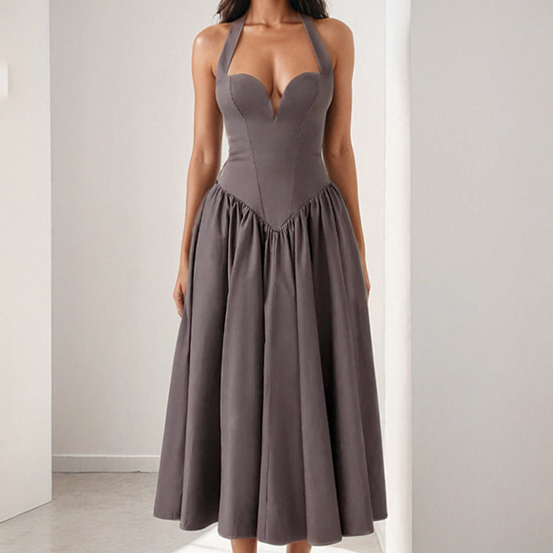 Women’s Halter Midi Dress – Satin Finish – A-Line Fit – Open Back – Formal Wear
