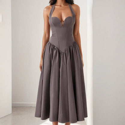 Women’s Halter Midi Dress – Satin Finish – A-Line Fit – Open Back – Formal Wear