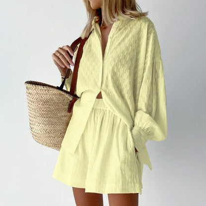 Women’s Blouse and Shorts Set – Jacquard Fabric – Relaxed Fit – Puff Sleeves – Elastic Waist