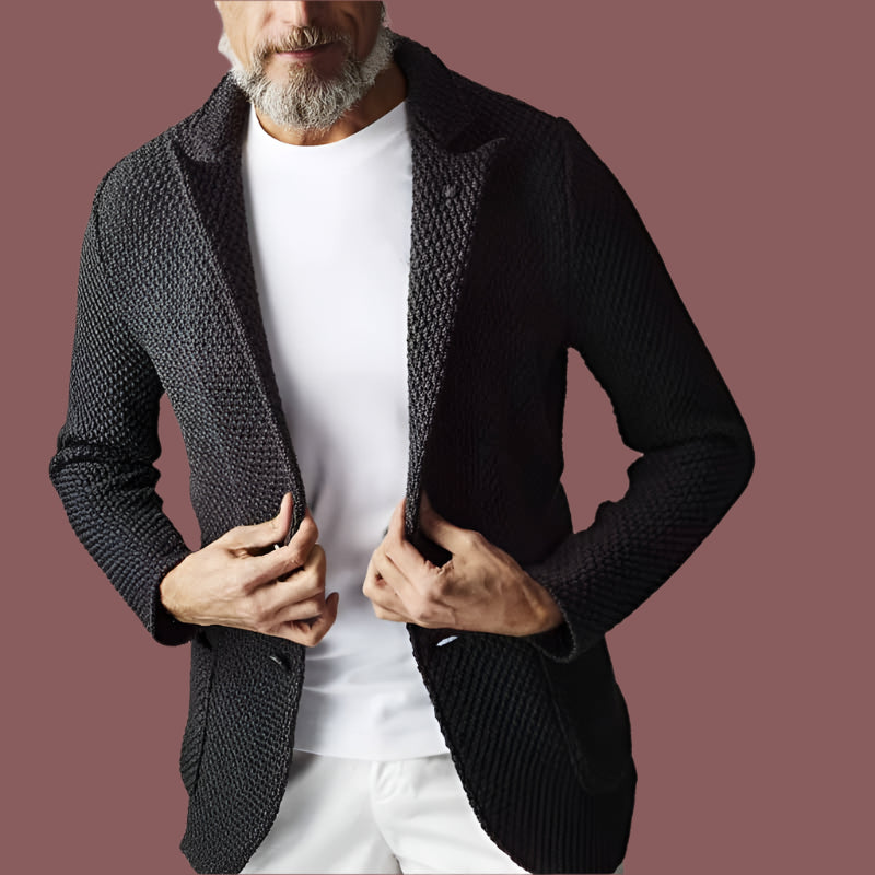 Men’s Knit Blazer – Tailored Fit – Heavyweight Textured Fabric – Notched Lapel – 2 Buttons