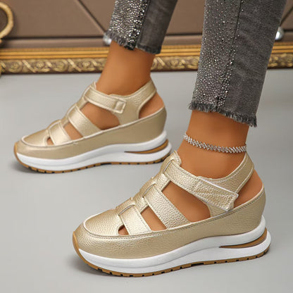Women’s Wedge Sandals – Closed Toe – Cut-Out Sides – Adjustable Strap – Platform Heel