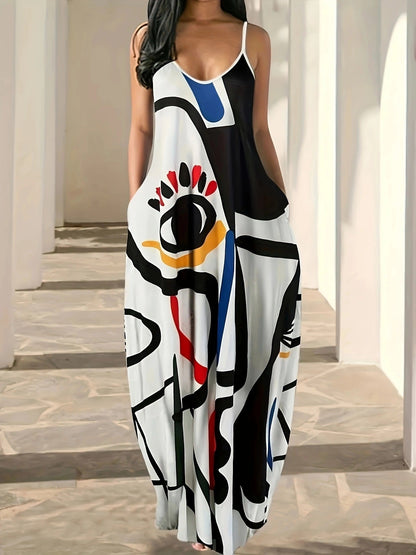 Women’s Maxi Dress – Abstract Print – Spaghetti Strap – Loose Fit – Cotton Blend