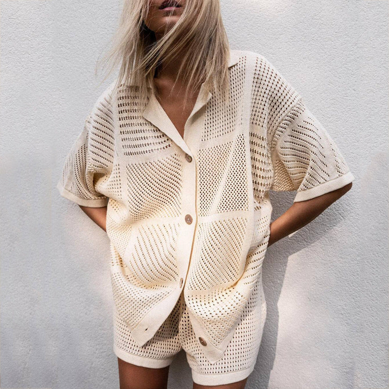 Women’s Two-Piece Set – Knit Shirt and Drawstring Shorts – Relaxed Fit Breathable Knit