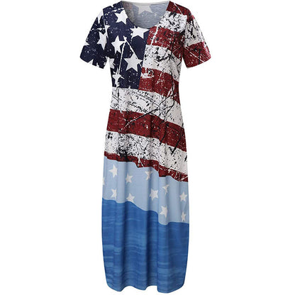 Women’s Maxi Dress – Relaxed Fit – V-Neck – Graphic Print – Short Sleeve – Cotton Blend