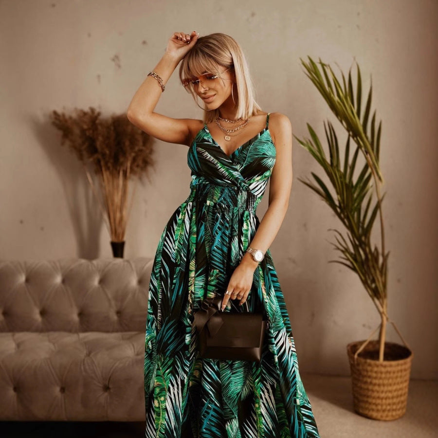 Women’s Maxi Dress – V-Neck Crossover – Floral Print – Adjustable Straps – Fitted Waist