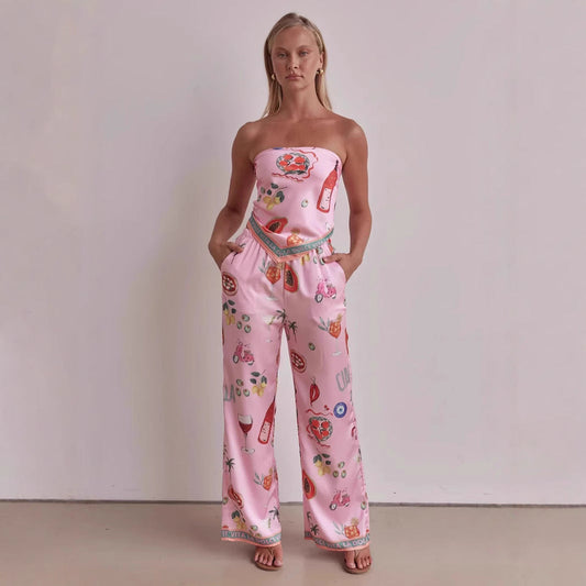 Women’s Two-Piece Set – Strapless Satin Top – Wide-Leg Pants – Printed Relaxed Fit
