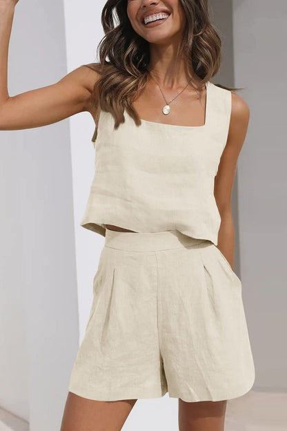 Women’s Two-Piece Set – Linen Blend – Cropped Square Neck Top – Pleated Shorts – Relaxed Fit