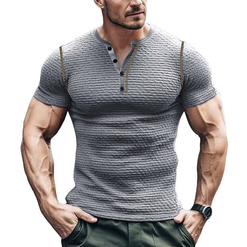 Men’s Henley T-Shirt – Slim Fit – Waffle Knit – Short Sleeve – Shoulder Detail