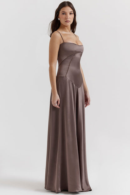 Women’s Evening Gown – Satin A-Line – Spaghetti Straps – Cut-Out Waist – Full Length