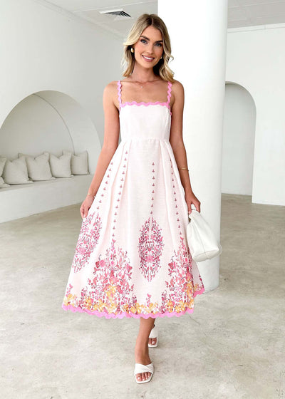 Women’s Midi Dress – Sleeveless Flared Fit – Scalloped Neck – Cotton Tie-Back – Floral Hem