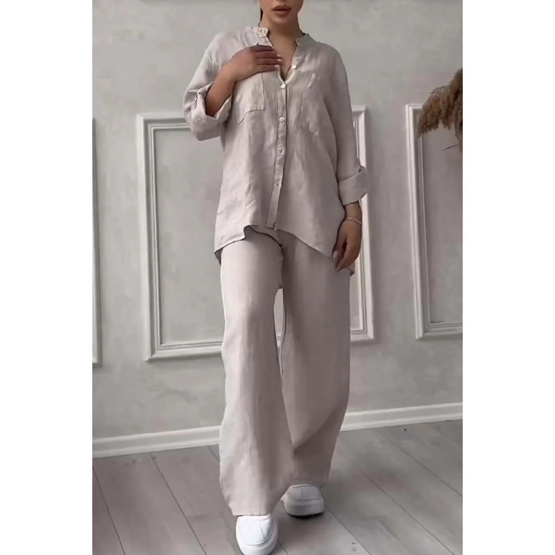 Women’s Shirt and Trousers Set – Linen Blend – Relaxed Fit – Wide Leg – Button Down Top