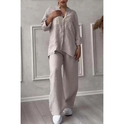 Women’s Shirt and Trousers Set – Linen Blend – Relaxed Fit – Wide Leg – Button Down Top