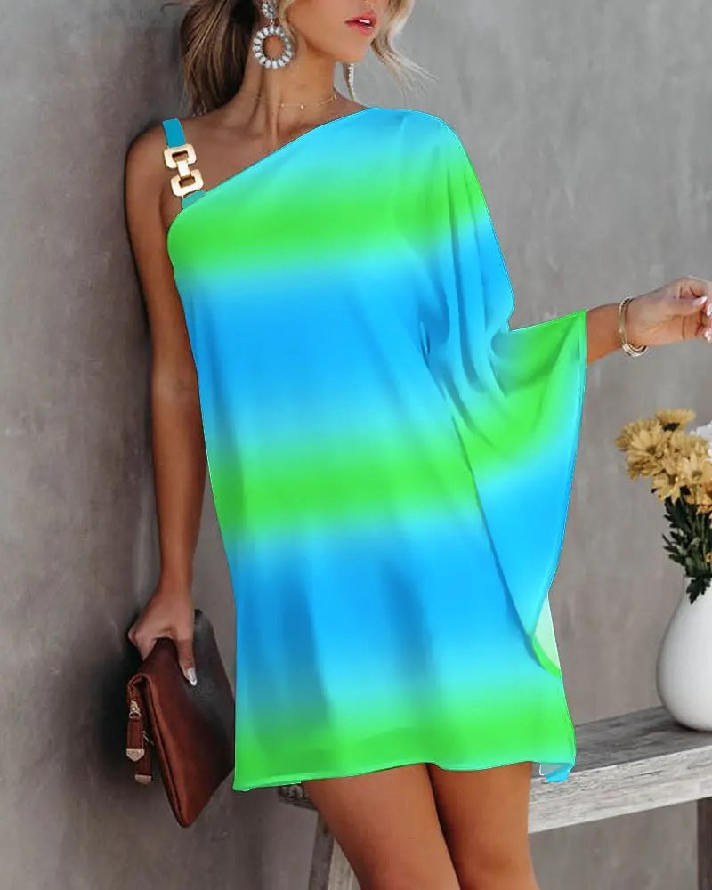 Women’s Off-Shoulder Dress – Relaxed Fit – Batwing Sleeves – Metal Strap – Knee Length