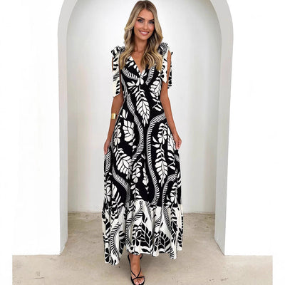 Women’s Maxi Dress – Sleeveless V-Neck – Tie Shoulder – Flowing Fit – Printed Design