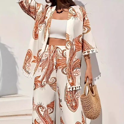 Women’s Kimono Set – Wide Leg Trousers – Tassel Hem – Paisley Print – Relaxed Fit