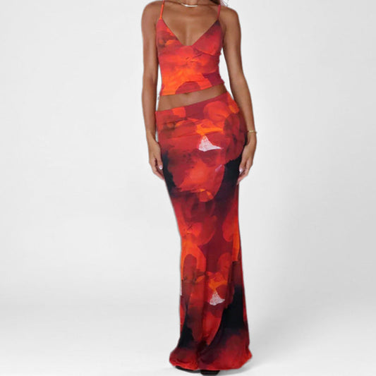 Women’s Vest and Maxi Skirt Set – Fitted Silhouette – Satin Feel – Deep V-Neck Straps