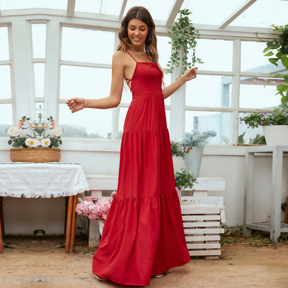 Women’s Evening Gown – Satin Feel – Backless – Tiered Skirt – Spaghetti Straps – Formal Fit