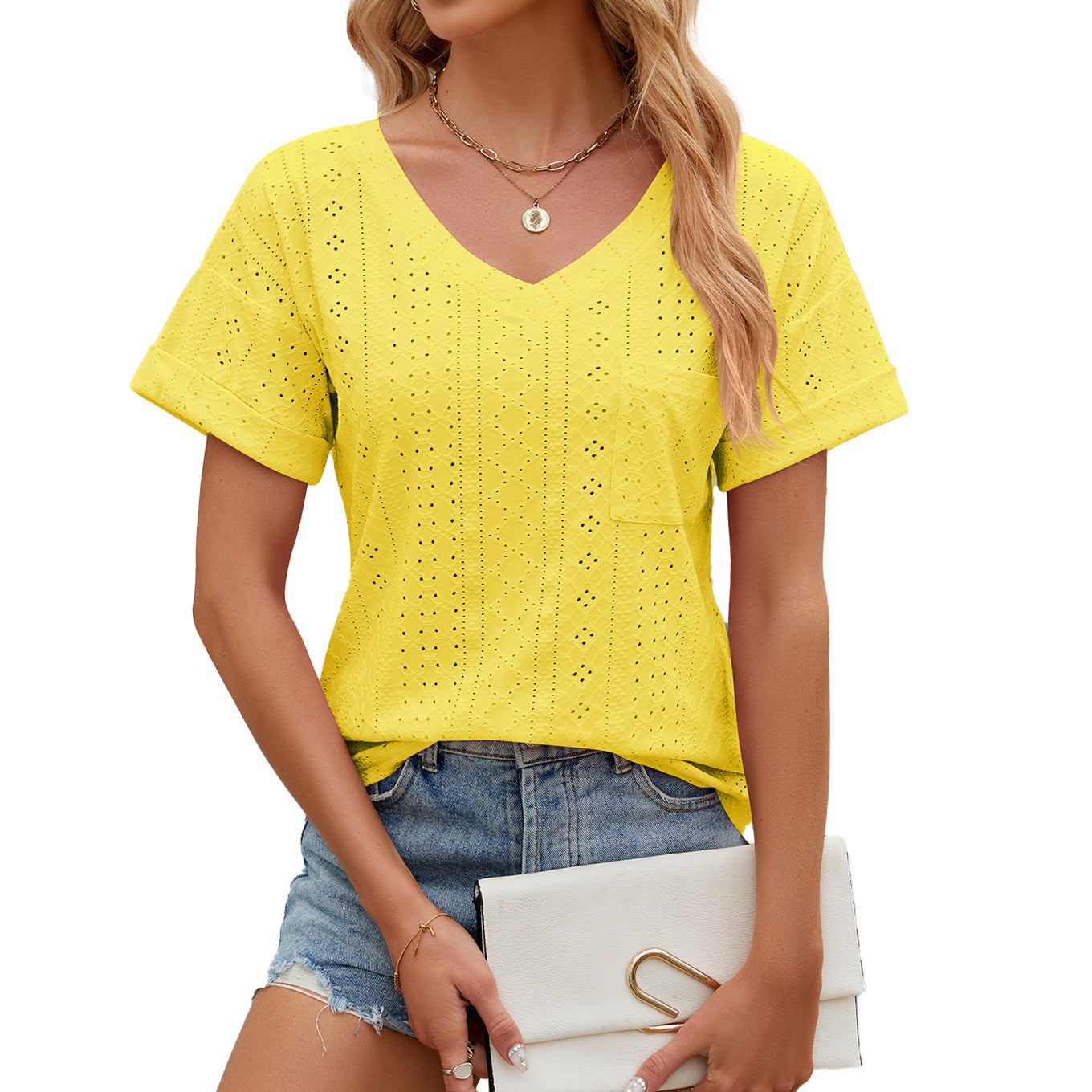 Women’s T-shirt – Relaxed Fit – V-neck – Eyelet Pattern – Short Sleeve – Breathable Blend